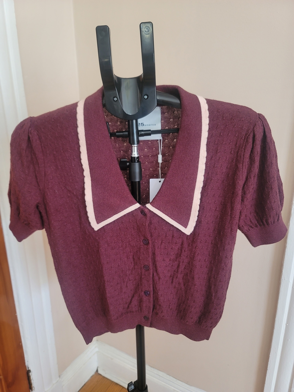525 America Burgundy Button-Front Short Sleeve Knit Top with Cream Trim